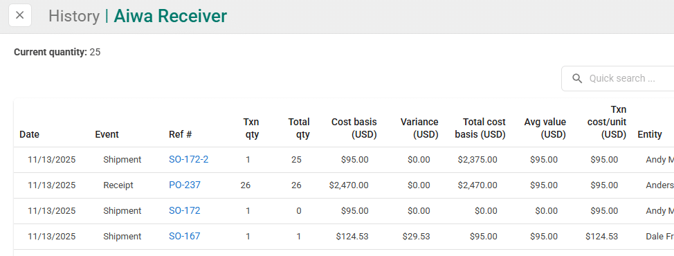 Item tracking transaction history
